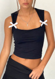 Women Summer Solid Square Neck Sleeveless Bow Cropped Top