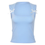 Women Summer Solid Square Neck Sleeveless Bow Cropped Top
