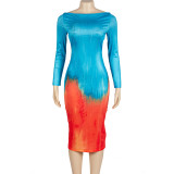 Women Autumn Off-Shoulder Lace-up Long-sleeved Printed Backless Maxi Dress