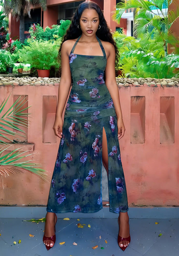 Women Halter Neck See-Through Mesh Slit Bodycon Dress