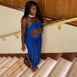 Women Summer Solid Sleeveless Spaghetti Strap Sexy Crop Maxi Dress