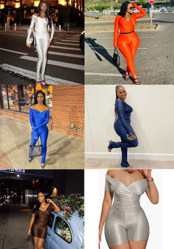 Women Spring Solid V-Neck Sexy Long-Sleeved Top and Pants Two-Piece Set