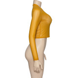Women Summer Sexy Solid Round Neck Mesh See-Through Long-sleeved Top