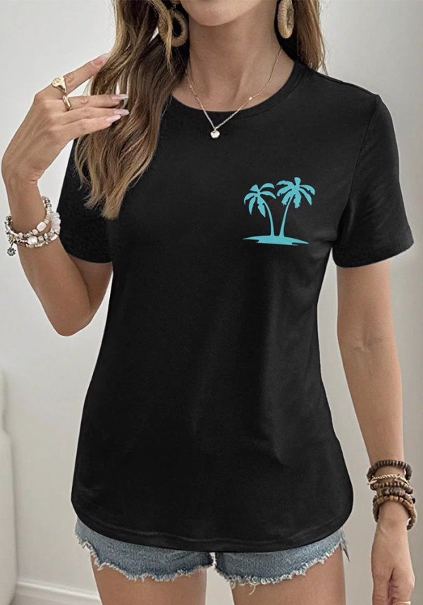 Women Front and Back Printed Coconut Tree and Sunset Print Short-Sleeve Casual T-Shirt