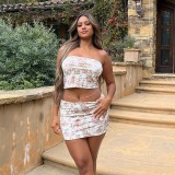 Women Summer Sleeveless Printed Strapless Top and Skirt Two-piece Set