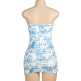 Women Summer Sleeveless Printed Strapless Top and Skirt Two-piece Set