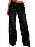Women Beaded Washed Denim Trousers