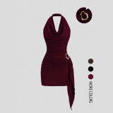 Women Elegant Solid V-Neck Halter Neck Backless Dress