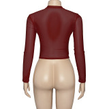 Women Summer Sexy Solid Round Neck Mesh See-Through Long-sleeved Top