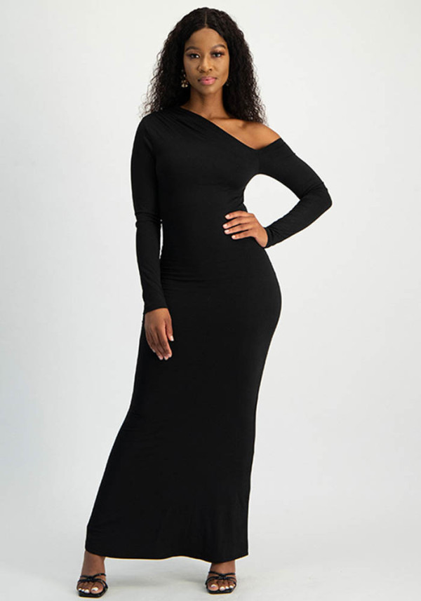Women Autumn Solid Slash Shoulder Long-Sleeved Sexy Maxi Dress