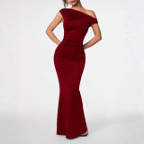 Women Elegant Solid Slash Shoulder Maxi Dress