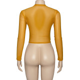 Women Summer Sexy Solid Round Neck Mesh See-Through Long-sleeved Top