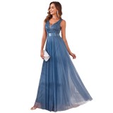 Women Sleeveless V-Neck Tulle Embroidered Evening Dress