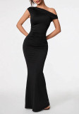 Women Elegant Solid Slash Shoulder Maxi Dress