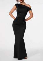 Women Elegant Solid Slash Shoulder Maxi Dress