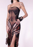 Women Summer Printed Sleeveless Strapless Sexy Slit Dress