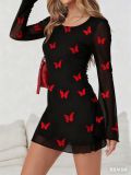 Women Sexy Leopard Print Butterfly Print Round Neck Long-Sleeve Dress