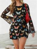 Women Sexy Leopard Print Butterfly Print Round Neck Long-Sleeve Dress