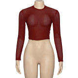 Women Summer Sexy Solid Round Neck Mesh See-Through Long-sleeved Top