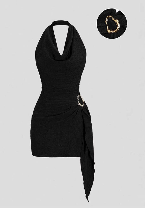 Women Elegant Solid V-Neck Halter Neck Backless Dress