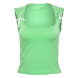 Women Summer Solid Square Neck Sleeveless Bow Cropped Top