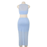 Women Summer Solid Sleeveless Mesh Patchwork Top and Skirt Two-Piece Set