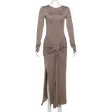 Women Summer Solid Round Neck Long-Sleeved Irregular Tie-Up Slit Pleated Dress