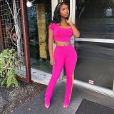 Women Summer Solid Patchwork Short-Sleeved Top and Pants Two-Piece Set