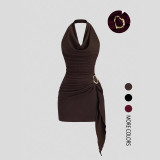 Women Elegant Solid V-Neck Halter Neck Backless Dress