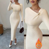 Women Elegant Solid Asymmetrical Neck Long-Sleeve Dress