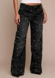 Women Beaded Washed Denim Trousers