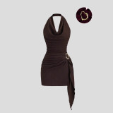 Women Elegant Solid V-Neck Halter Neck Backless Dress