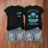 Women Front and Back Printed Coconut Tree and Sunset Print Short-Sleeve Casual T-Shirt