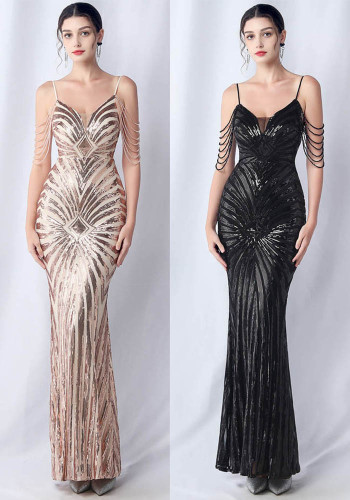 Plus Size Women Beaded Sequined Camisole Evening Dress