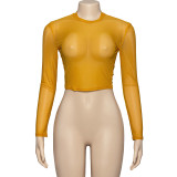 Women Summer Sexy Solid Round Neck Mesh See-Through Long-sleeved Top