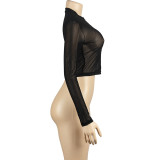 Women Summer Sexy Solid Round Neck Mesh See-Through Long-sleeved Top
