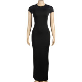 Women Solid Round Neck Short-sleeved Bodycon Dresses