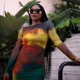 Women Autumn Off-Shoulder Long-sleeved Printed Bodycon Dress