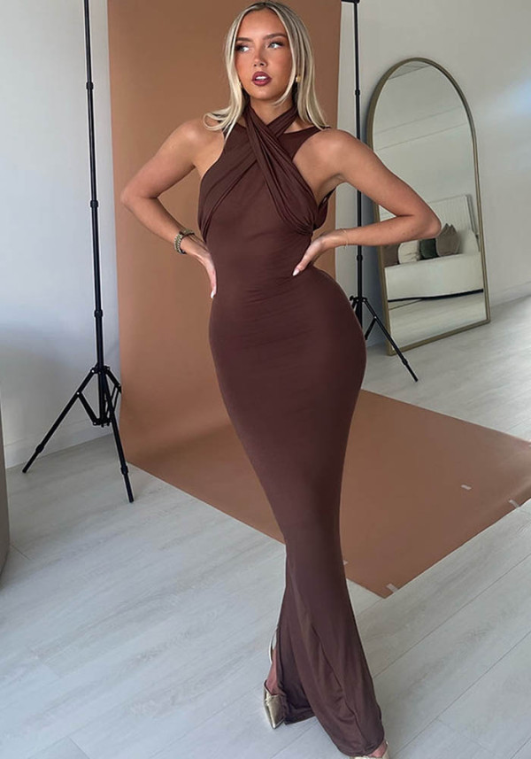 Women Spring Solid Halter Neck Hollow-Out Sexy Bodycon Dress