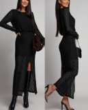Women Spring Round Neck Long Sleeve Sexy Hollowed-out Lace Solid Slit Maxi Dress