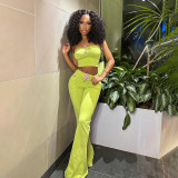 Women Summer Solid Sleeveless Strapless Embroidered Top and Bell Bottom Pant Two-Piece Set