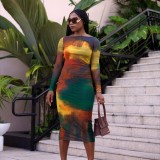 Women Autumn Off-Shoulder Long-sleeved Printed Bodycon Dress