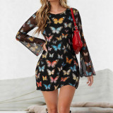 Women Sexy Leopard Print Butterfly Print Round Neck Long-Sleeve Dress