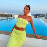 Women Summer Solid Strapless Top Bodycon Skirt Two-piece Set