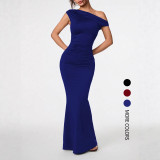 Women Elegant Solid Slash Shoulder Maxi Dress