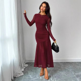 Women Elegant Solid mesh Patchwork Round Neck Long-Sleeve Dress