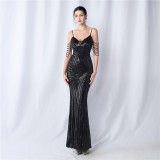 Plus Size Women Beaded Sequined Camisole Evening Dress