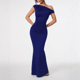 Women Elegant Solid Slash Shoulder Maxi Dress