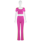 Women Summer Solid Patchwork Short-Sleeved Top and Pants Two-Piece Set