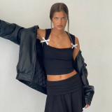 Women Summer Solid Square Neck Sleeveless Bow Cropped Top